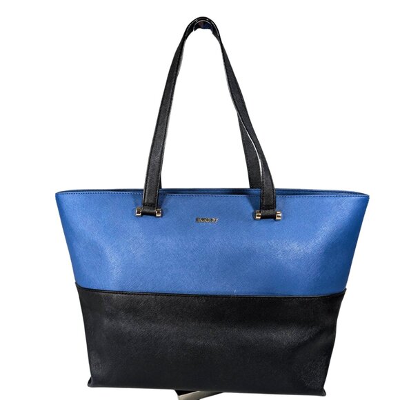 DKNY Blue Black Color Block PVC Bryant Park Large Lined Tote Bag - Picture 1 of 9